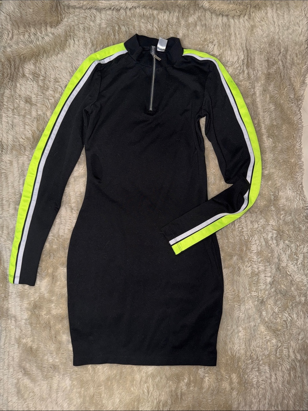 H&M Black Long Sleeve Bodycon Dress with Neon Yellow & White Stripes
